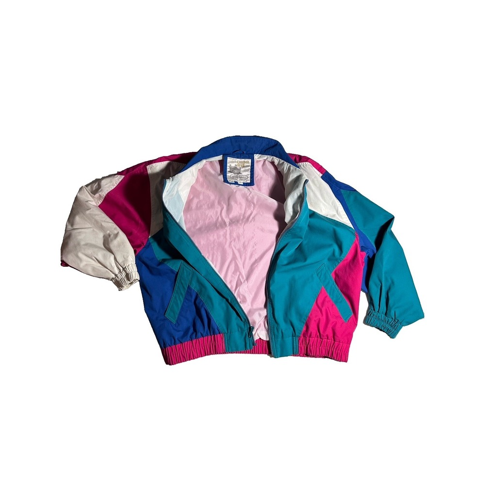 Vintage 80s 90s London Club Colorblock Windbreaker Jacket L Teal Pink Blue